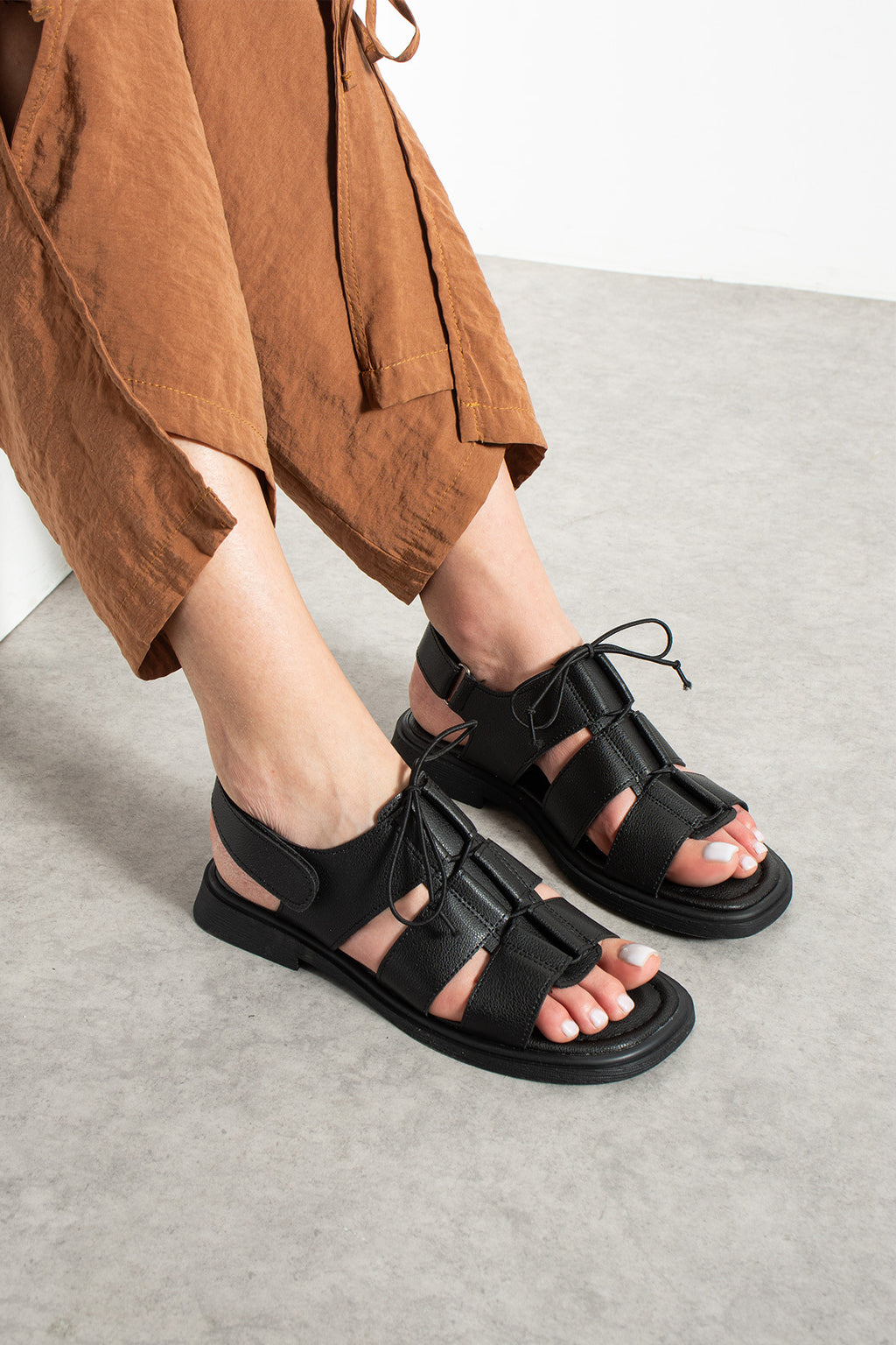 Siyah Kadın Sandalet İpli Bodrum Tarz Sandalet Ergonomik Rahat Stil