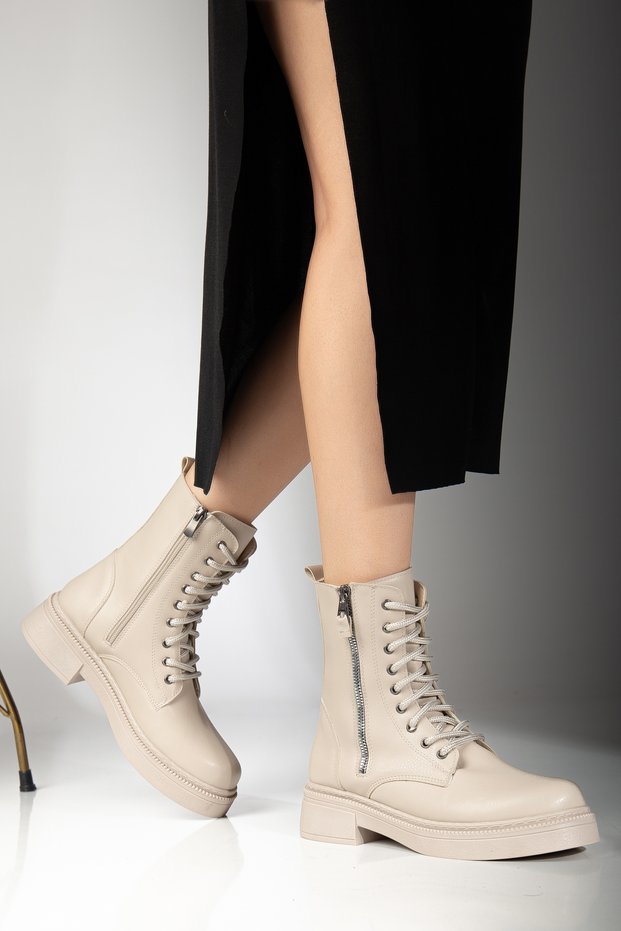 Design Bağcıklı Bot Kadın | Kalın Taban | Dekoratif Fermuarlı | Lüks Combat Bootie