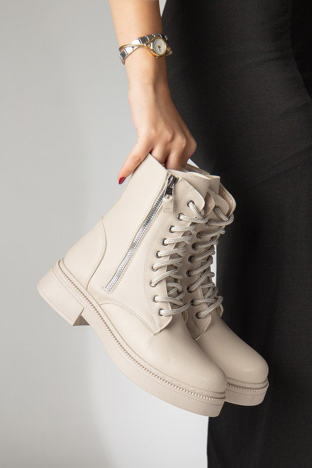 Design Bağcıklı Bot Kadın | Kalın Taban | Dekoratif Fermuarlı | Lüks Combat Bootie