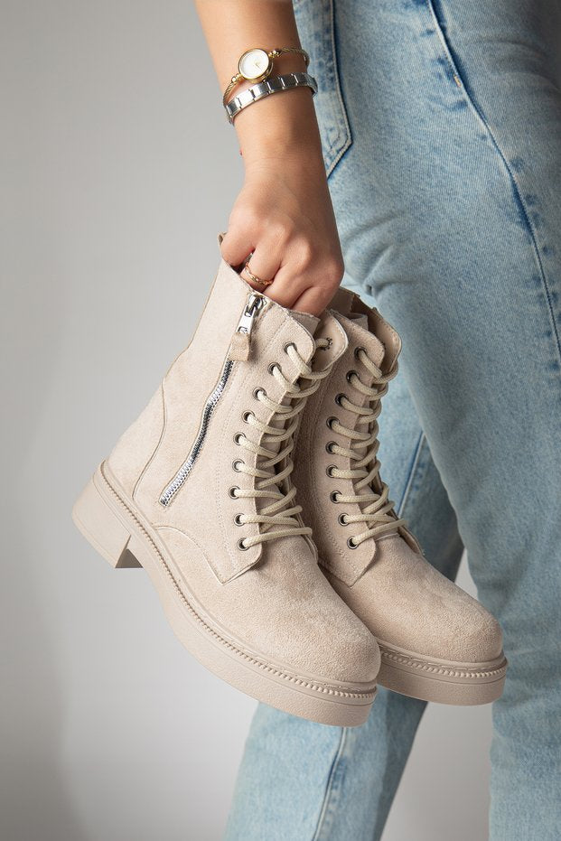 Design Bağcıklı Bot Kadın | Kalın Taban | Dekoratif Fermuarlı | Lüks Combat Bootie