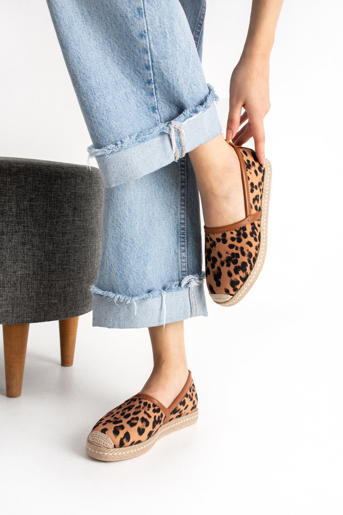 Taba Leopar Kadın Hasır Taban Espadril Rahat ve Ergonomik Ayakkabı