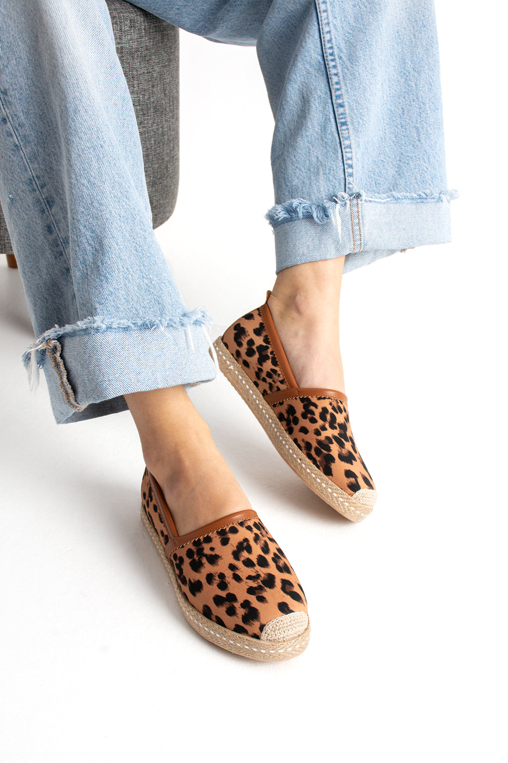 Taba Leopar Kadın Hasır Taban Espadril Rahat ve Ergonomik Ayakkabı