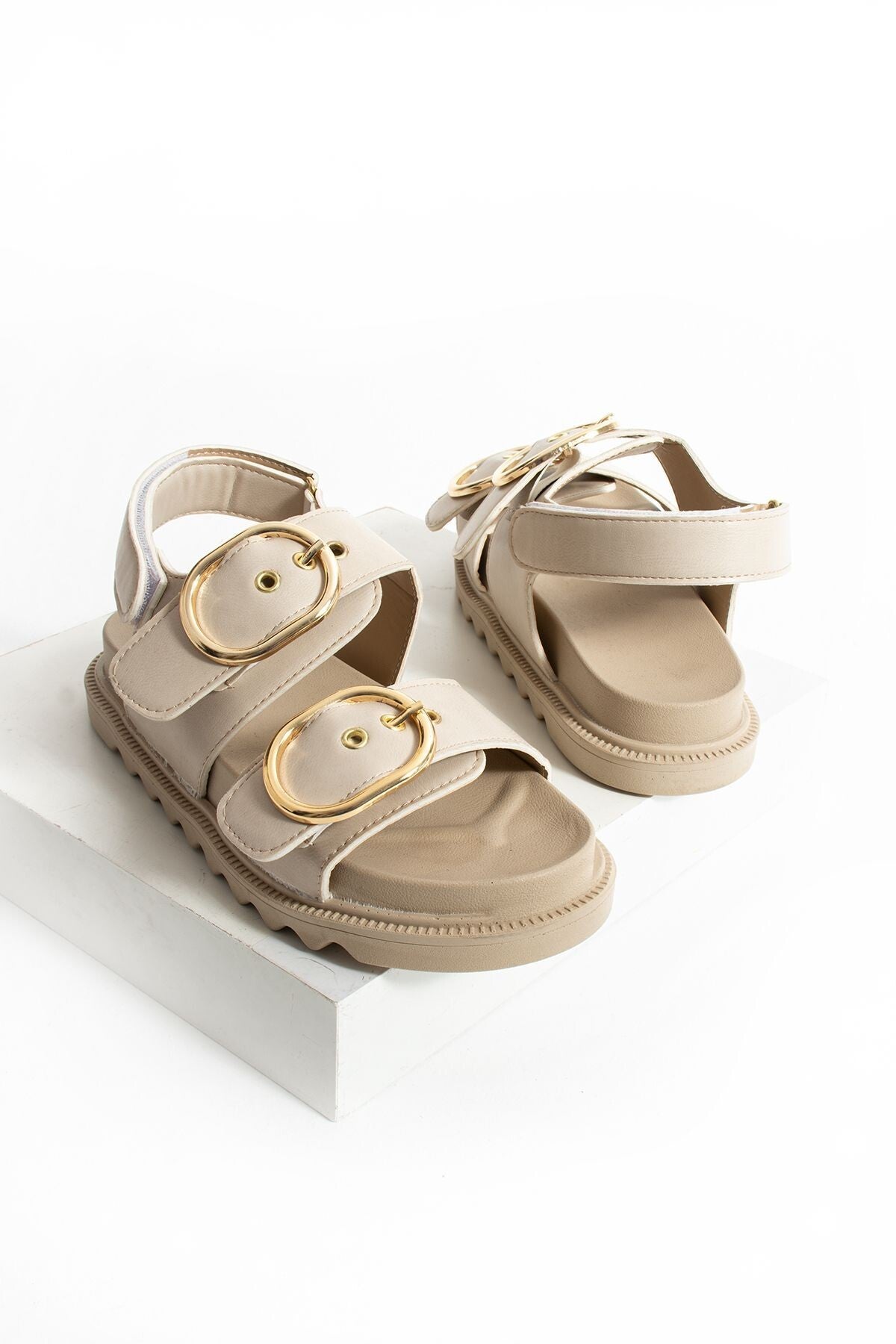 Bej Kadın Çift Tokalı Rahat Anatomik Comfort Ergonomik Flatform Sandalet