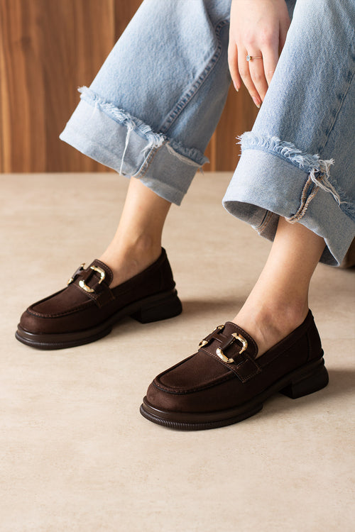 H Toka Detaylı Kahverengi Süet Kadın Loafer