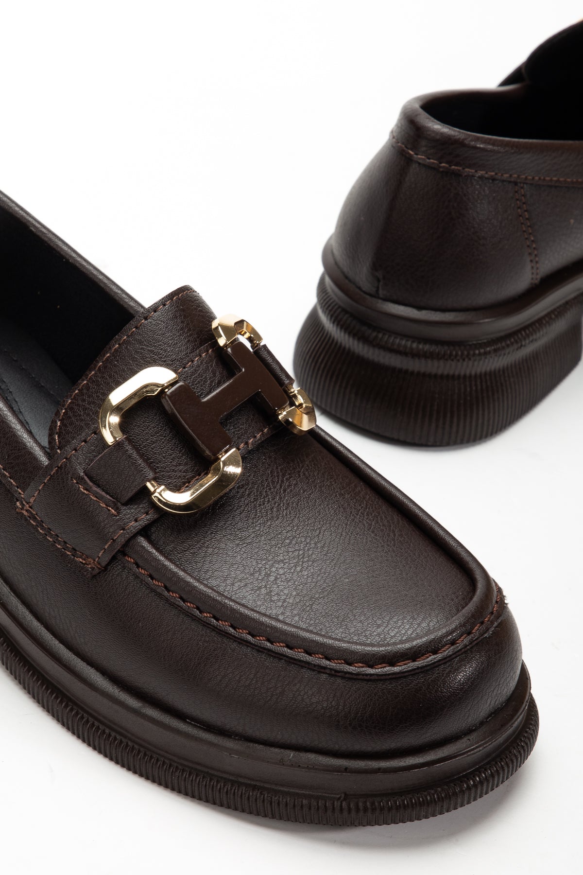H Toka Detaylı Kahverengi Deri Kadın Loafer