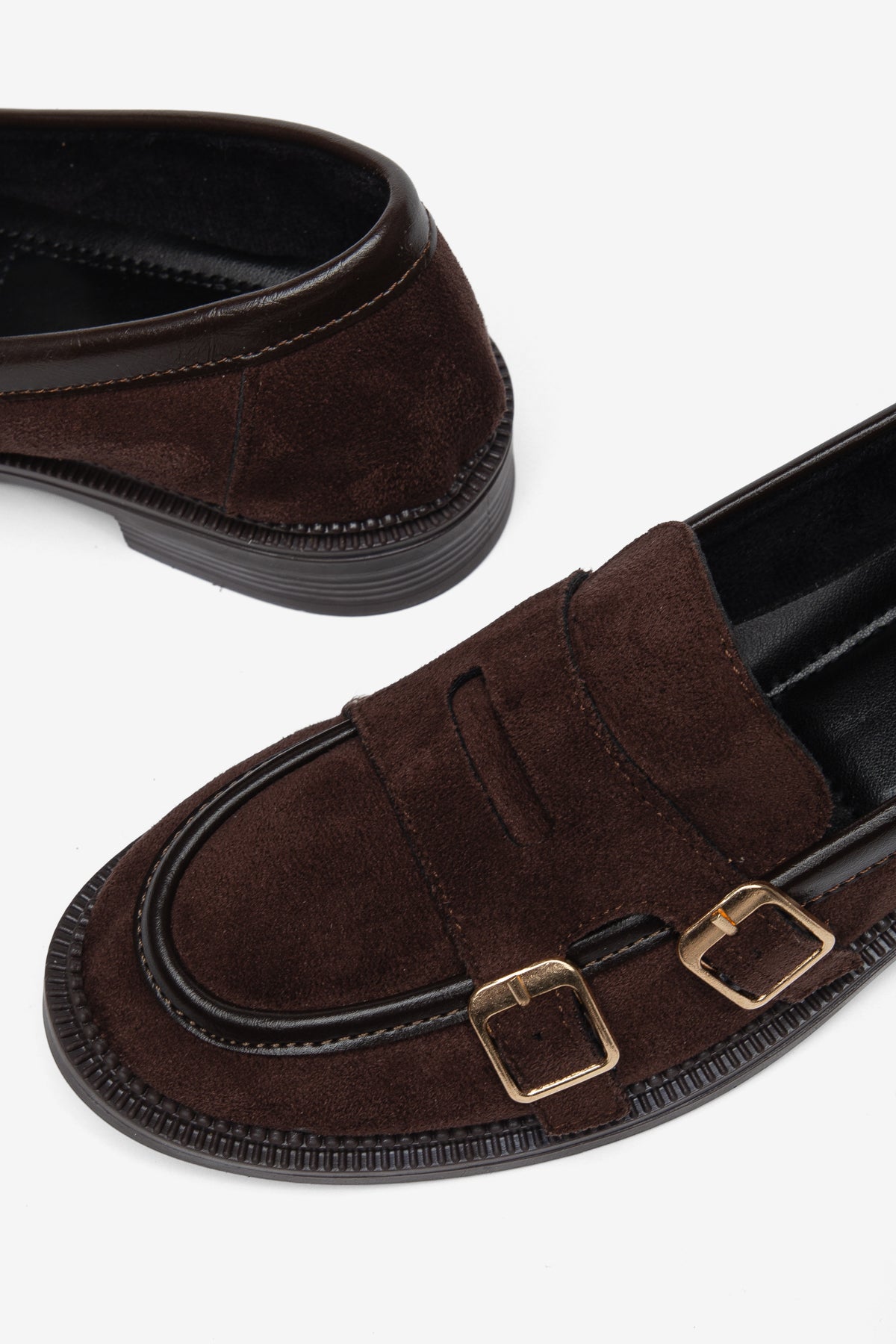 Kadın Kahverengi Süet Çift Tokalı Loafer Ayakkabı