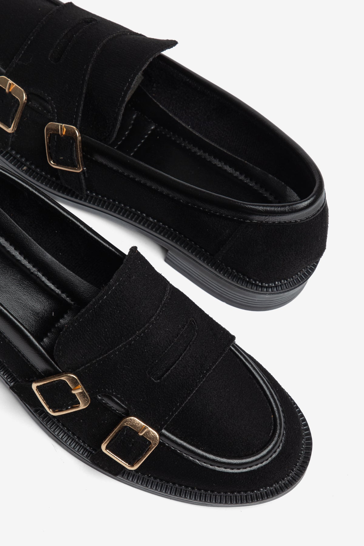 Kadın Çift Tokalı Siyah Süet Loafer Ayakkabı