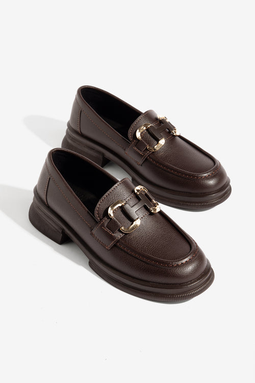 H Toka Detaylı Kahverengi Deri Kadın Loafer