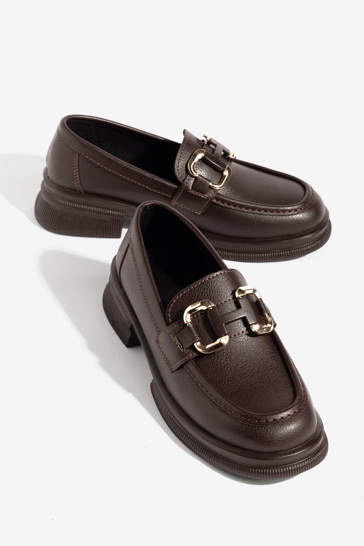 H Toka Detaylı Kahverengi Deri Kadın Loafer